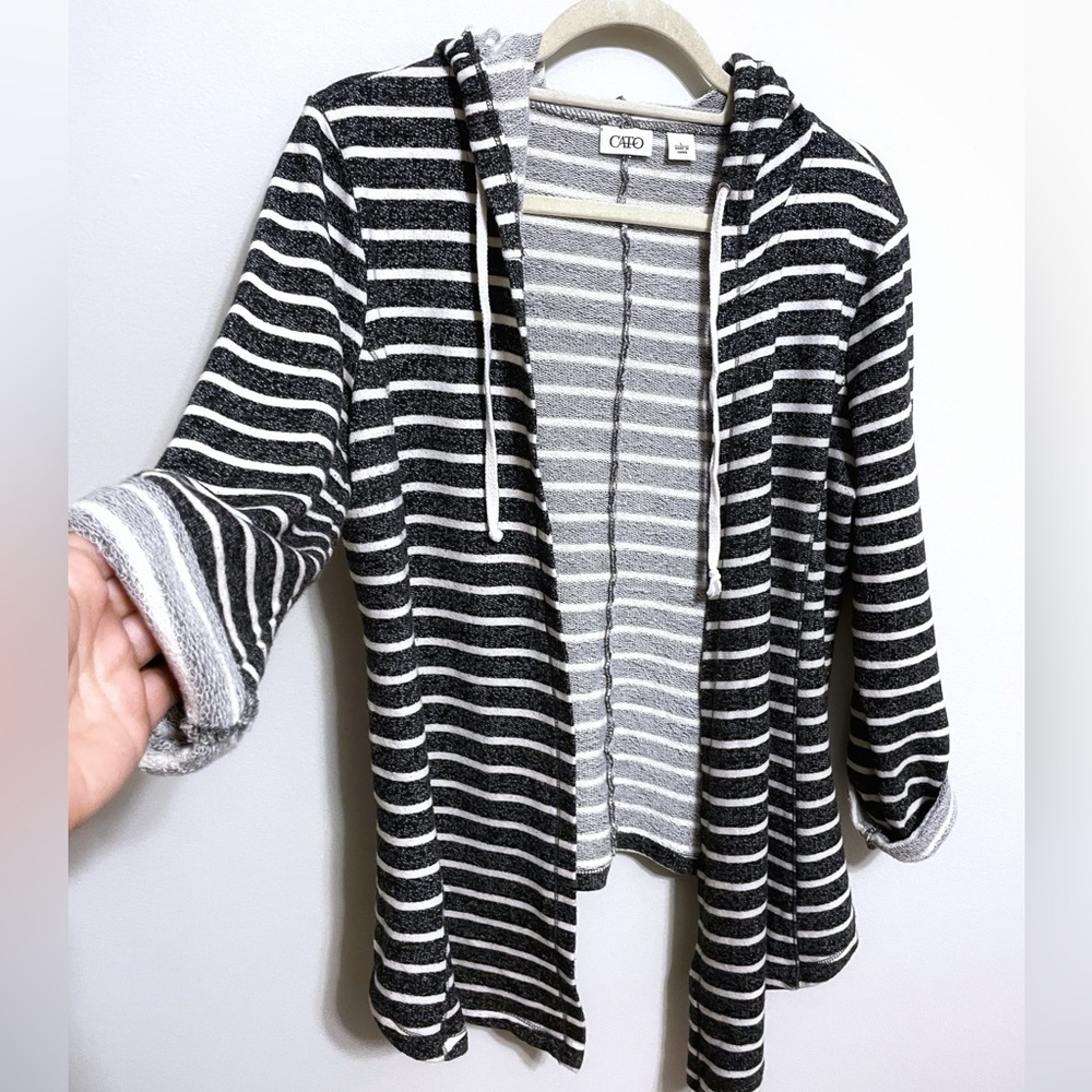 CATO Open Hoodie Jacket in Cozy Terry Knit, Casual Striped Cardigan